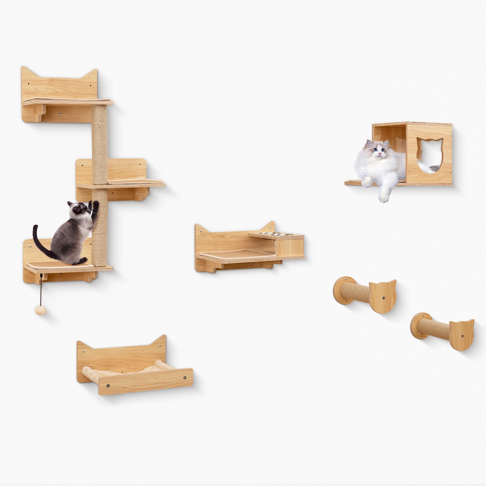 Tangkula Cat Wall Shelves 6 Pieces Wooden Wall Mounted Kitten Furniture Set